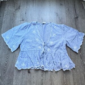 American Eagle Blue White Striped Embroidered Peplum Top Large Short Sleeve